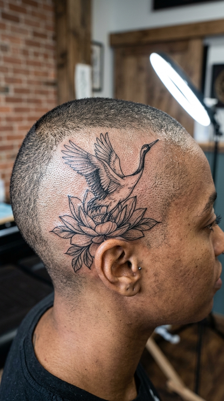 Kranich und Lotusblüte als Tattoo Idee für den Kopf