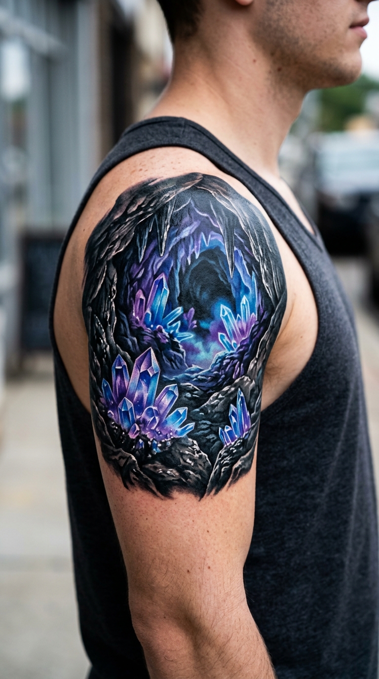 Kristallhöhle als 3D Tattoo Idee für die Schulter