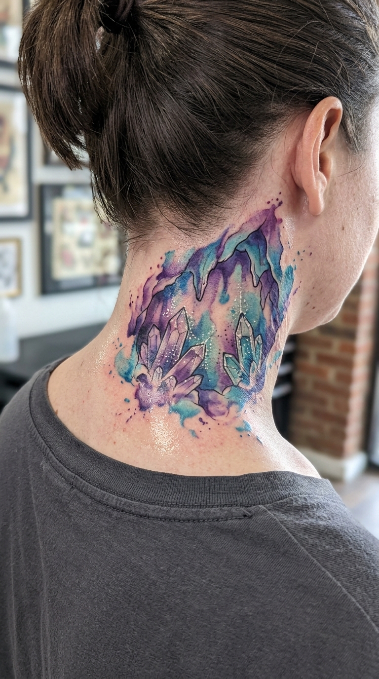 Kristallhöhle als farbenprächtiges Aquarell Tattoo für den Hals