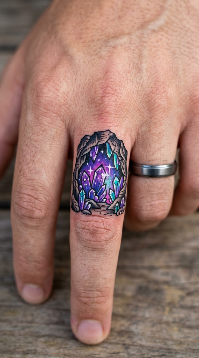Kristallhöhle als Oldschool und Newschool Tattoo für den Finger