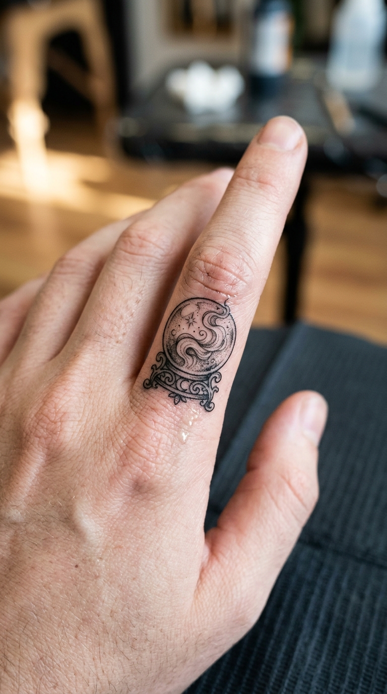 Kristallkugel mit magischem Nebel Tattoo Vorlage für den Finger