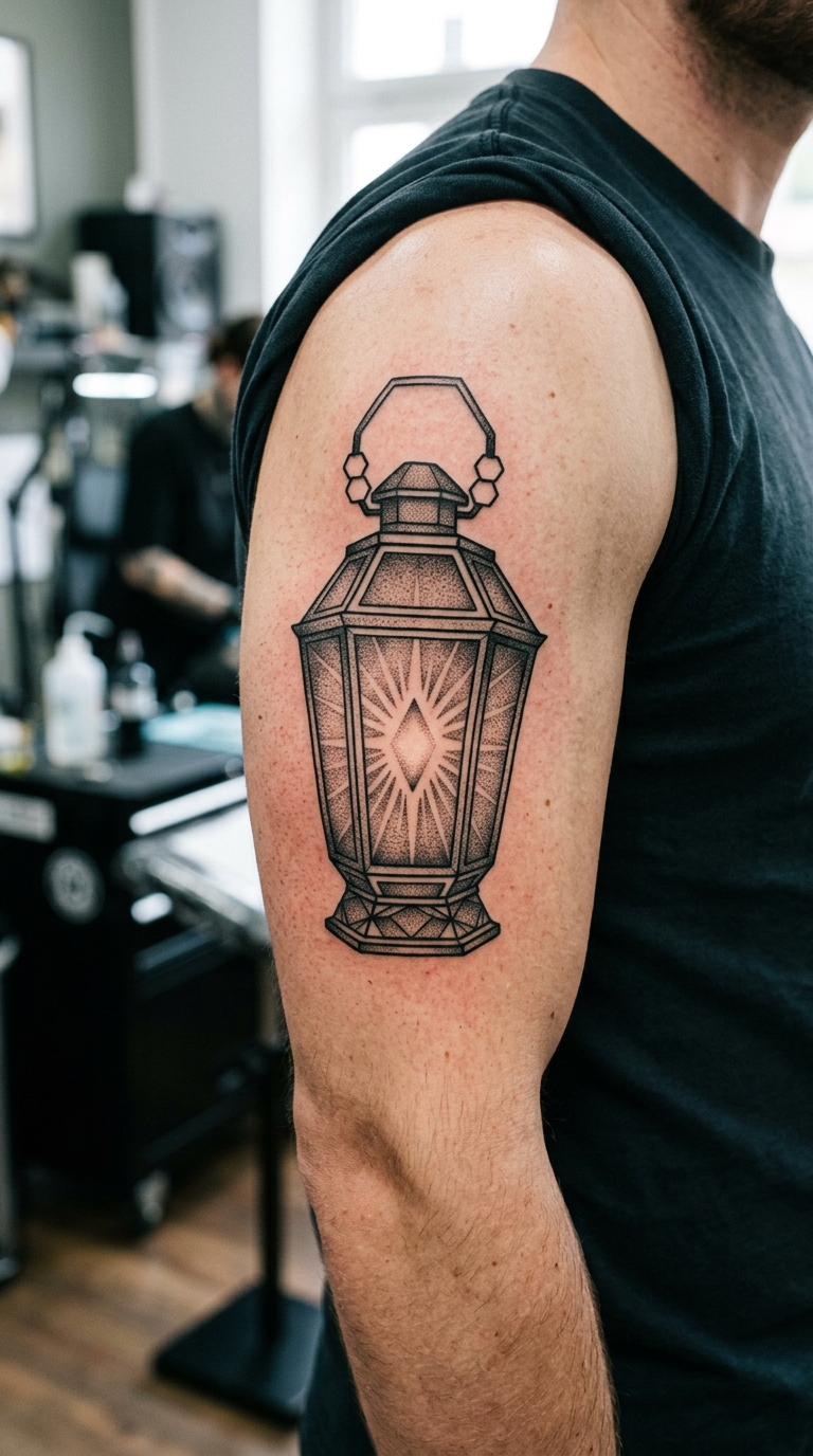 Laterne als geometrisches Tattoo für den Oberarm