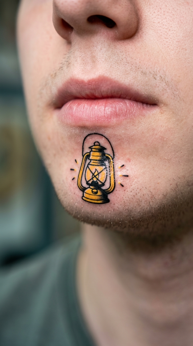 Laterne als lustiges Comic Tattoo für die Unterlippe