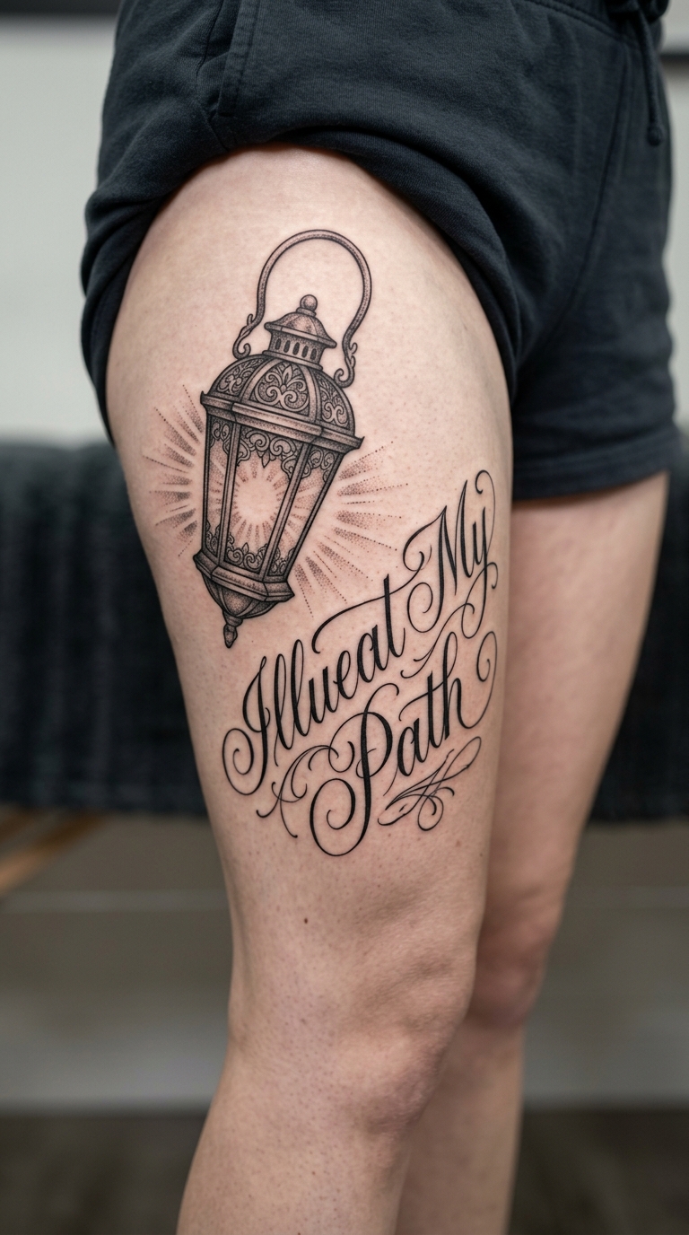 Laterne im Dunkeln als Schrift Tattoo Idee für den Oberschenkel