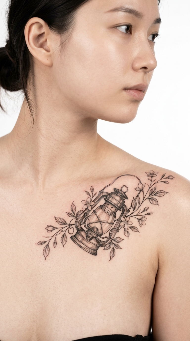 Laterne mit Blütenranken als florales Tattoo für das Schlüsselbein