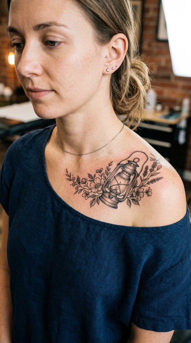 Laterne umrankt von Wildblumen als filigranes Tattoo für das Schlüsselbein