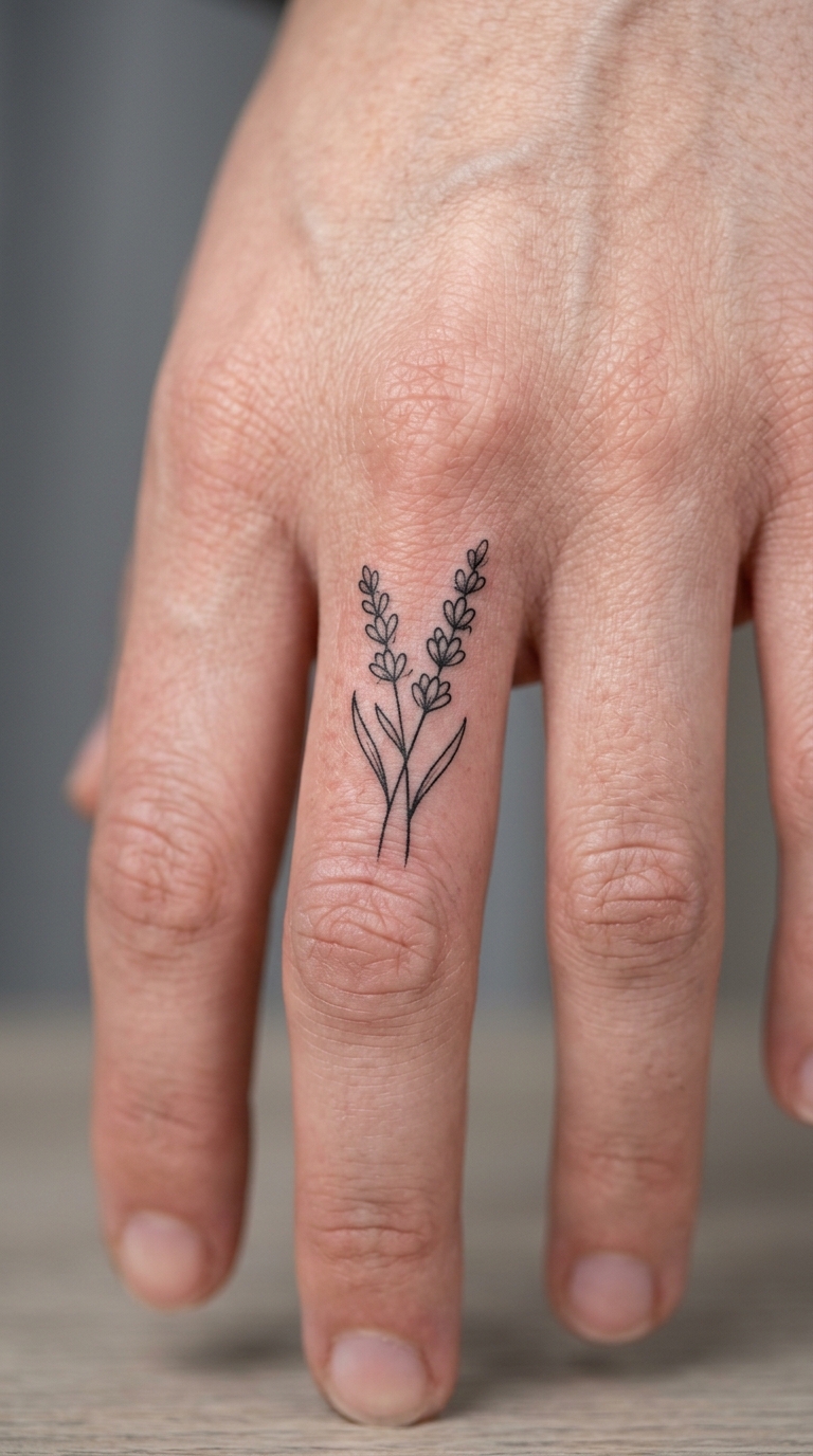 Lavendel als filigranes Fineline Tattoo auf dem Finger