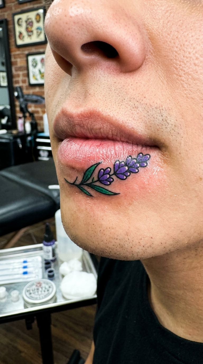 Lavendel als florale Tattoo Idee für die Unterlippe