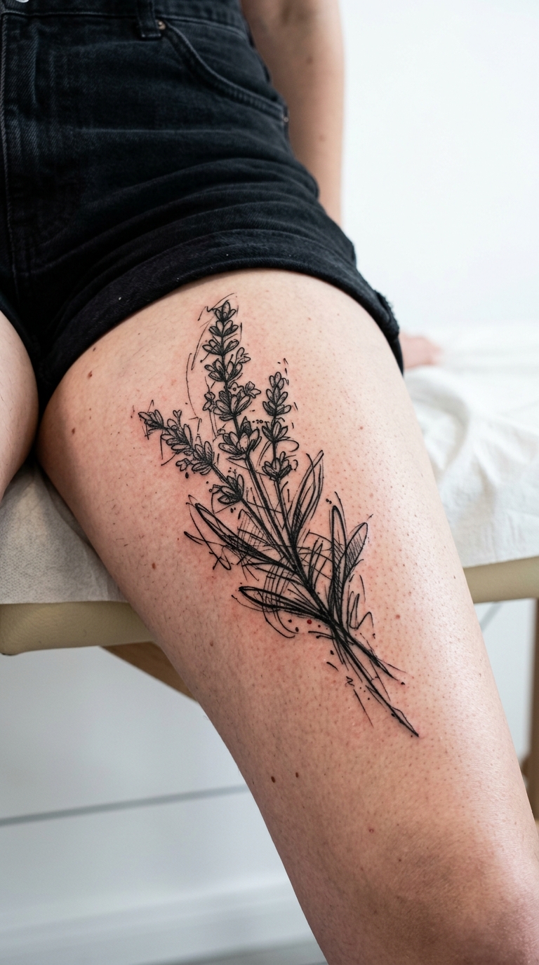 Lavendelzweig als kreuz und quer Tattoo auf dem Bein