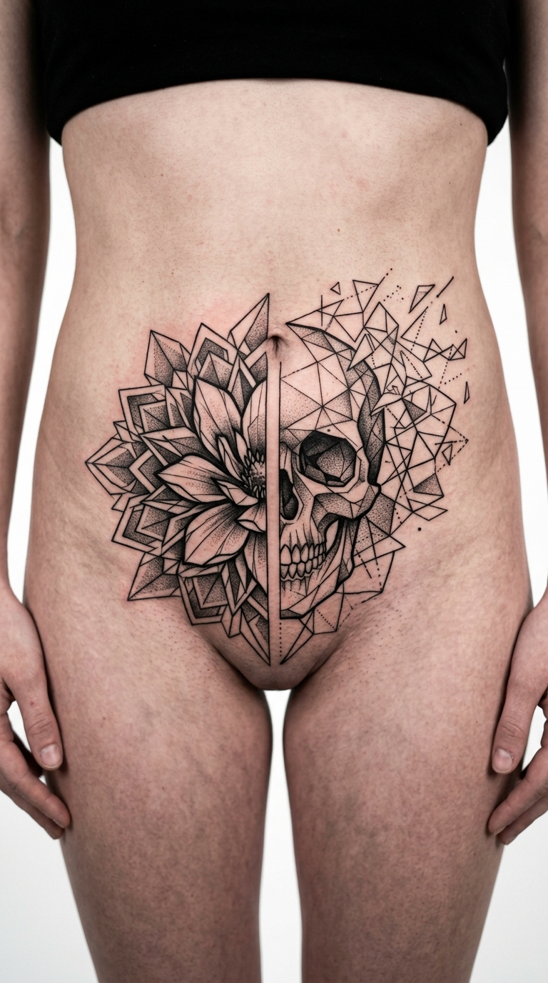 Leben und Tod als geometrisches Tattoo auf dem Bauch