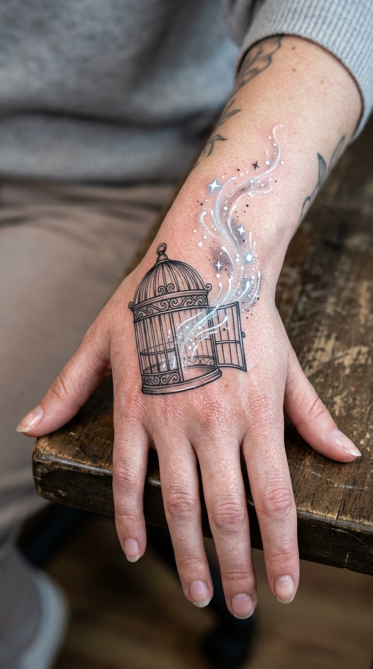 Leerer Vogelkäfig als Anime Tattoo Idee für die Hand