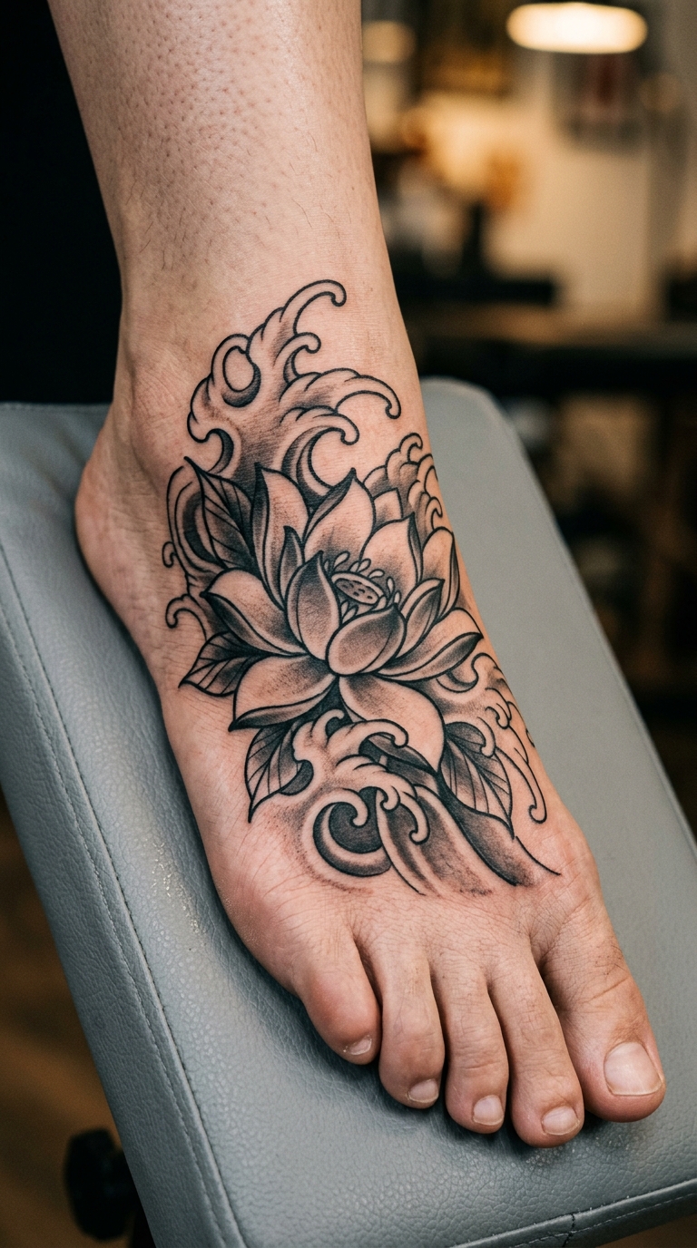 Lotusblüte als japanisch inspiriertes Tattoo für den Fuß