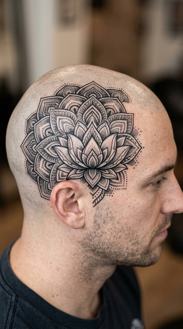 Lotusblüte als Mandala Tattoo für den Kopf