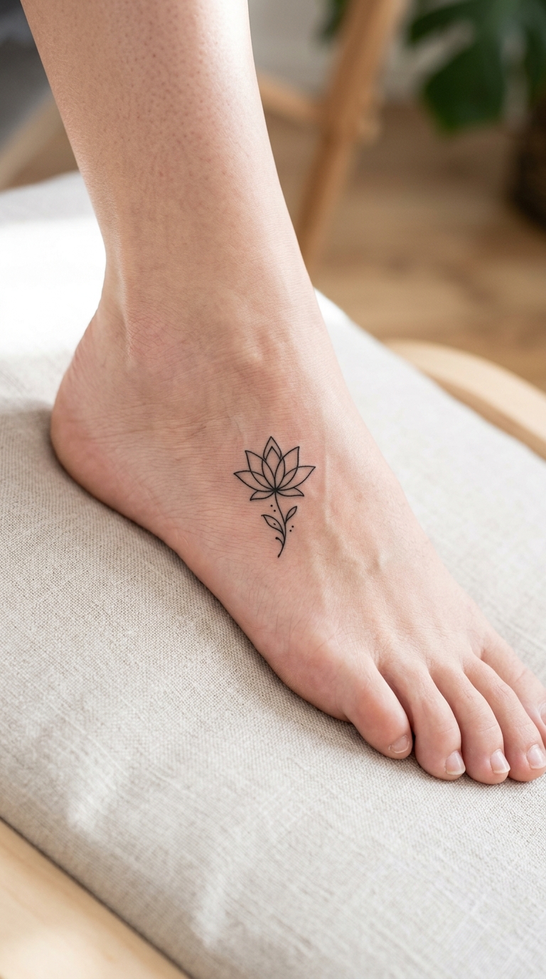 Lotusblüte als minimalistisches Tattoo für den Fuß