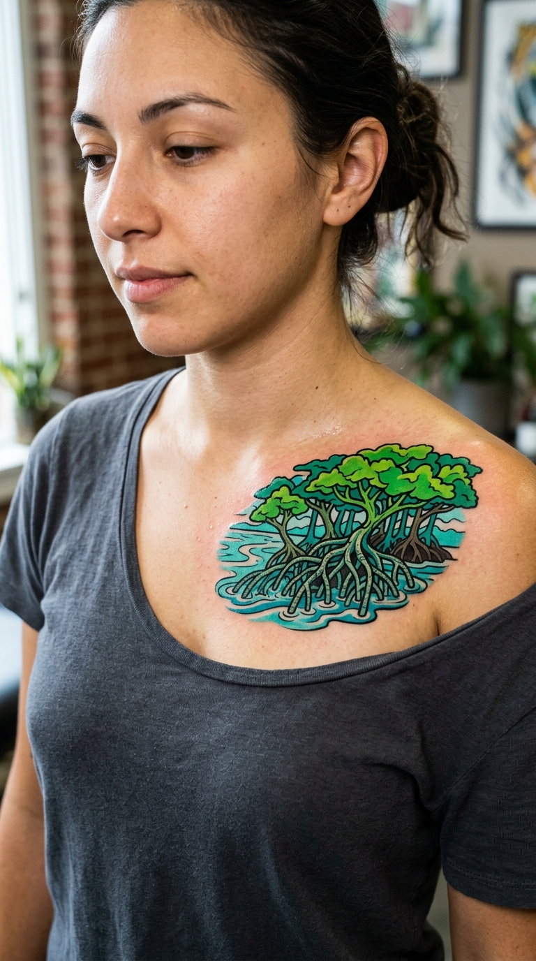 Mangrovenwald als buntes Comic Tattoo für das Schlüsselbein