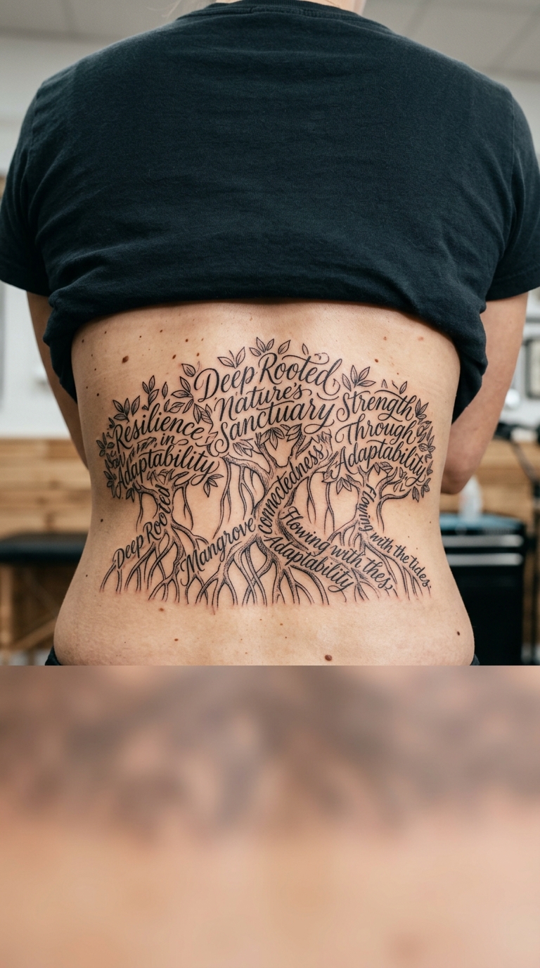 Mangrovenwald als Schrift Tattoo Idee für das Steißbein