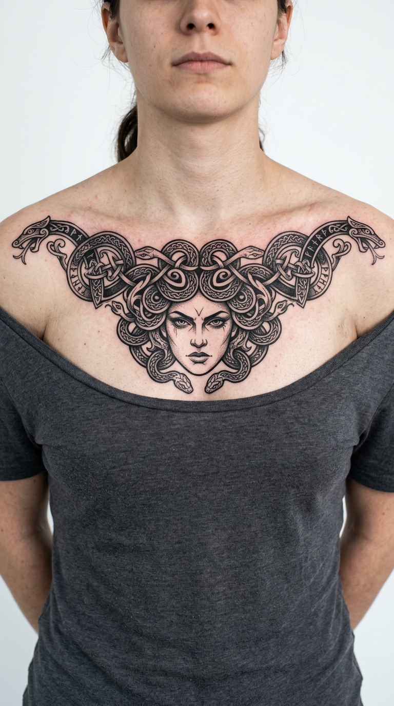 Medusa Tattoo Idee als Wikinger und Celtic Stil für das Schlüsselbein
