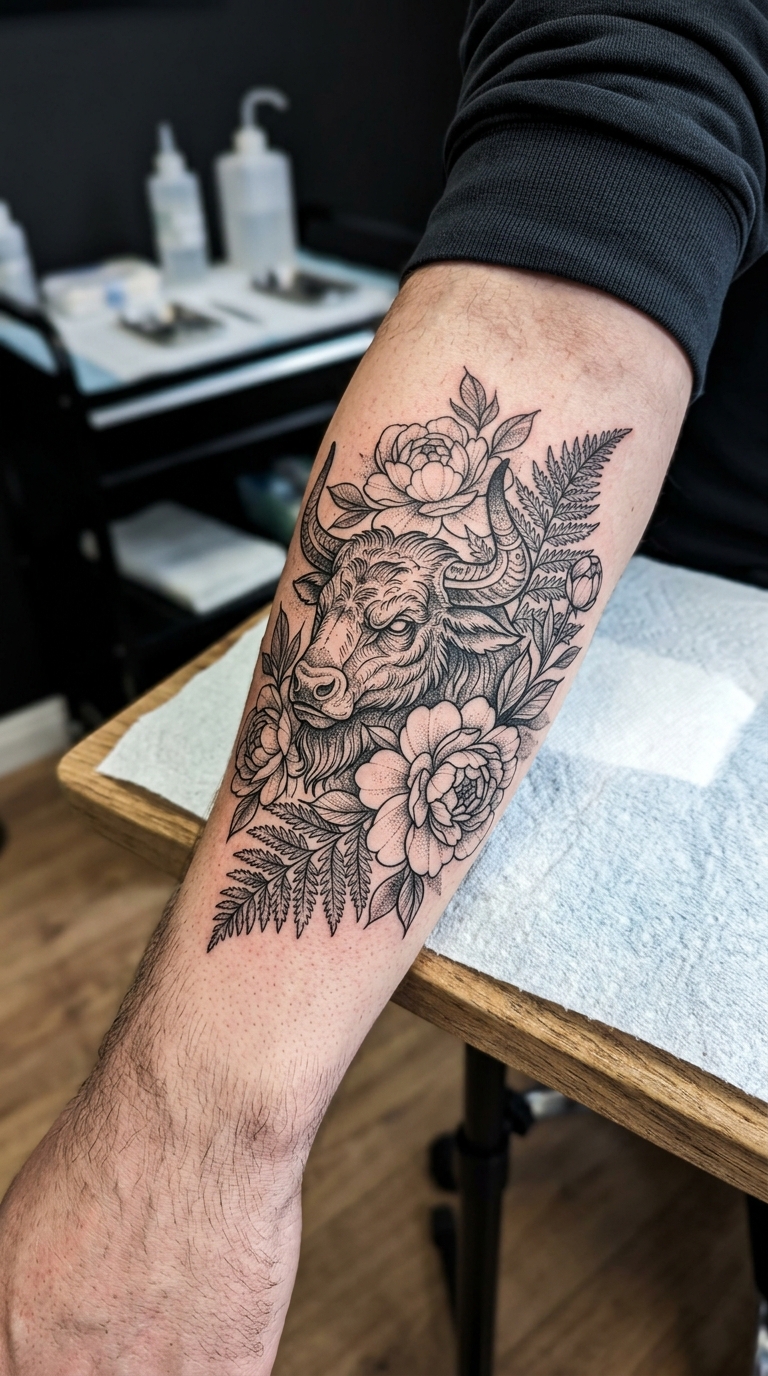 Minotaurus als florales Tattoo für den Unterarm