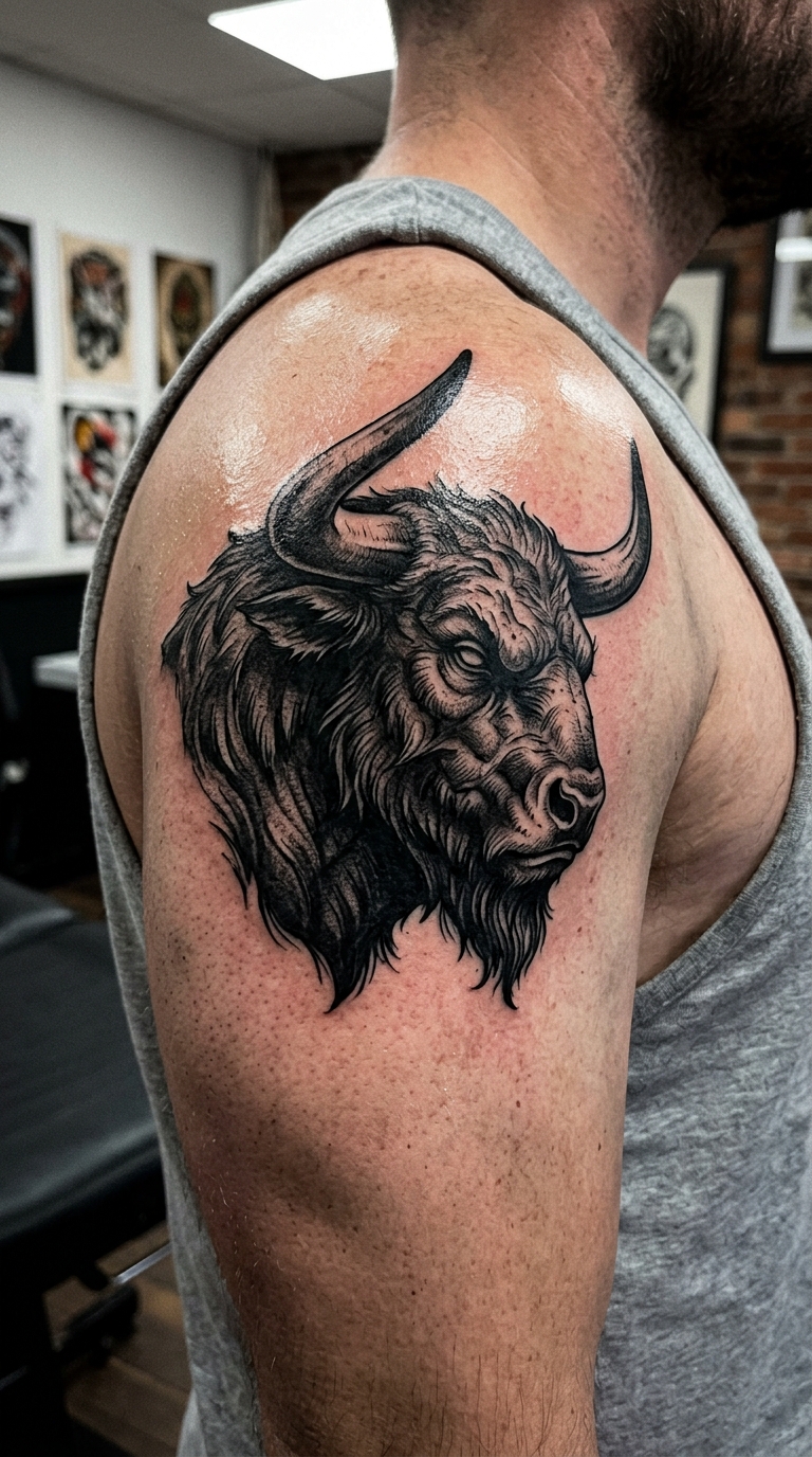 Minotaurus Motiv als Cover up Tattoo für die Schulter