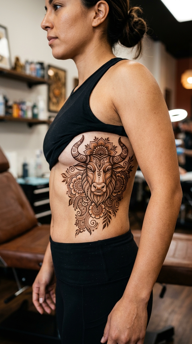 Minotaurus Tattoo Vorlage im Henna Stil für die Rippen