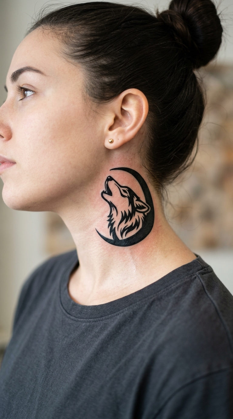 Mond und Wolf als grafisches Symbol Tattoo für den Hals