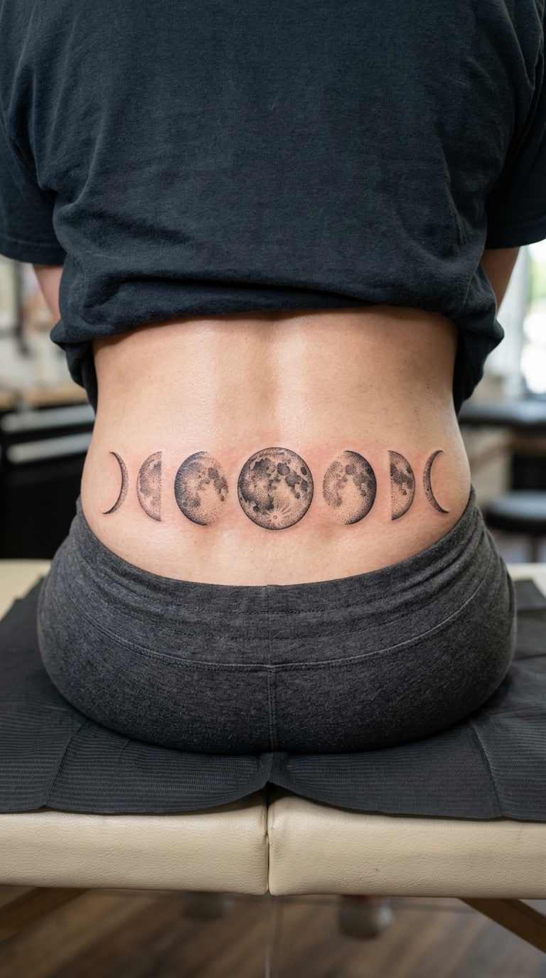 Mondphasen als Dotwork Tattoo für das Steißbein
