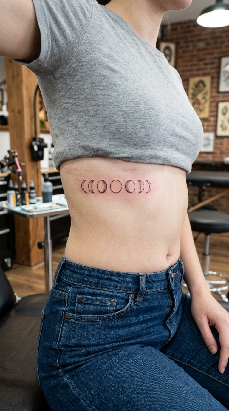 Mondphasen als minimalistisches Tattoo für den Bauch
