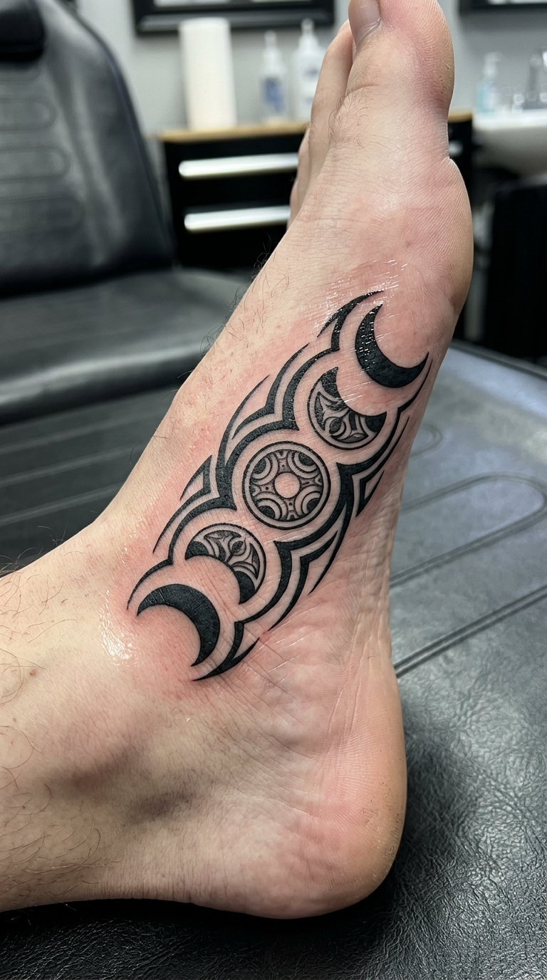 Mondphasen als Tribal Tattoo Idee für den Fuß