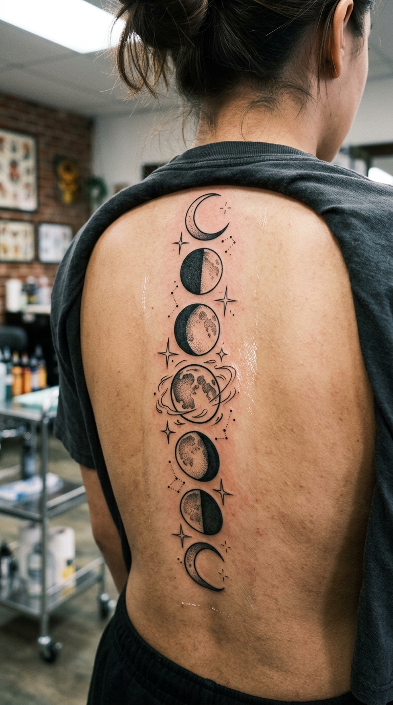 Mondphasen als verträumtes Anime Tattoo für den Rücken