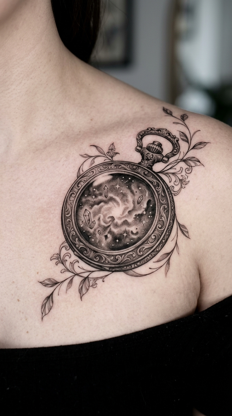 Mystische Uhr ohne Zeiger als Tattoo Vorlage für das Schlüsselbein