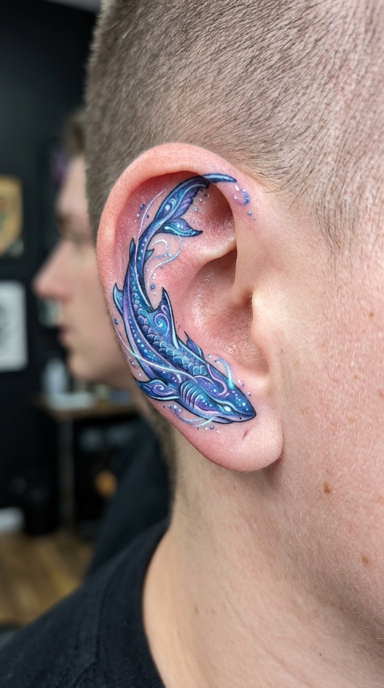 Mystischer Tiefsee Hai als Tattoo Idee für das Ohr