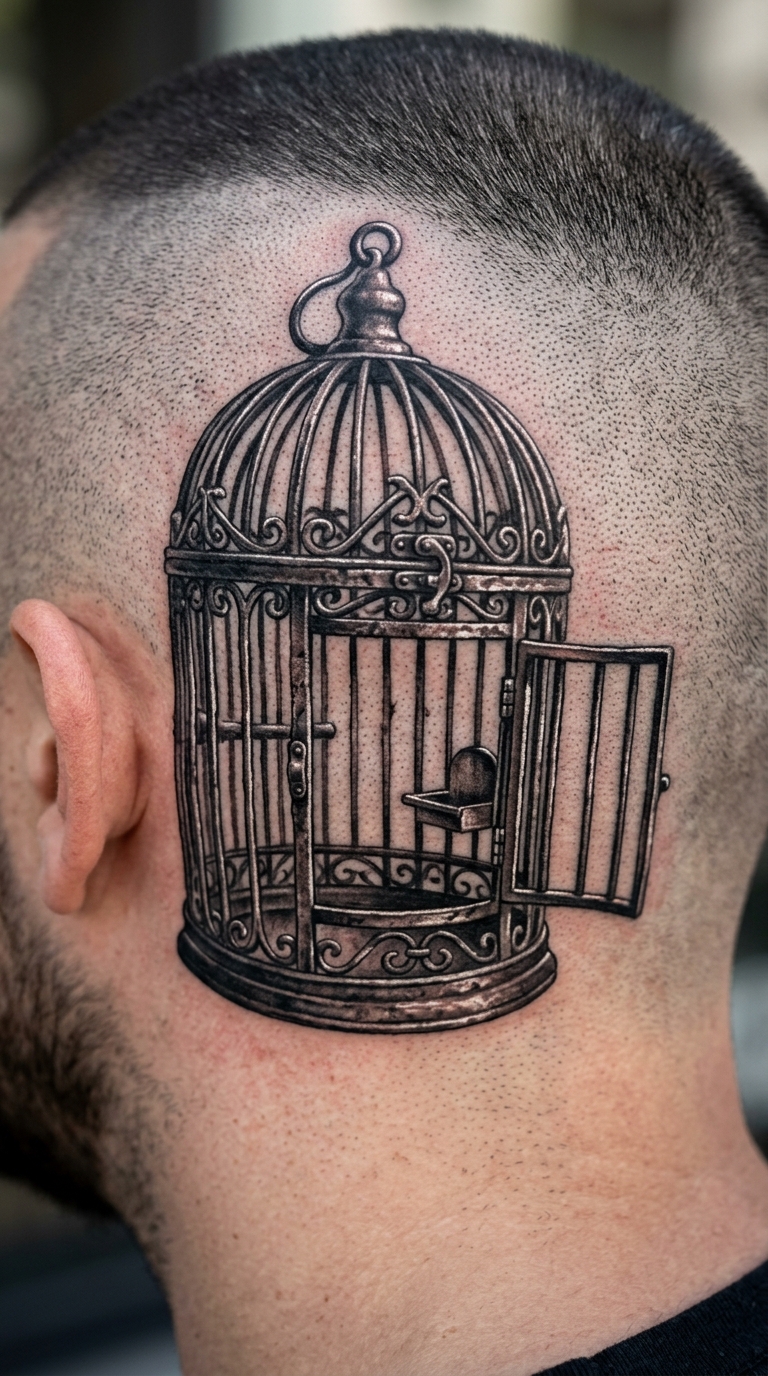 Offener Birdcage als Realistic Tattoo für den Kopf