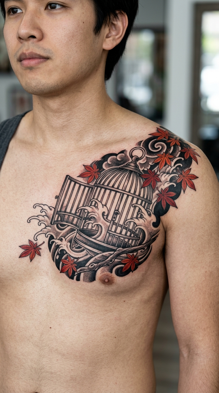 Offener Vogelkäfig als japanisches Tattoo für Brust & Oberkörper