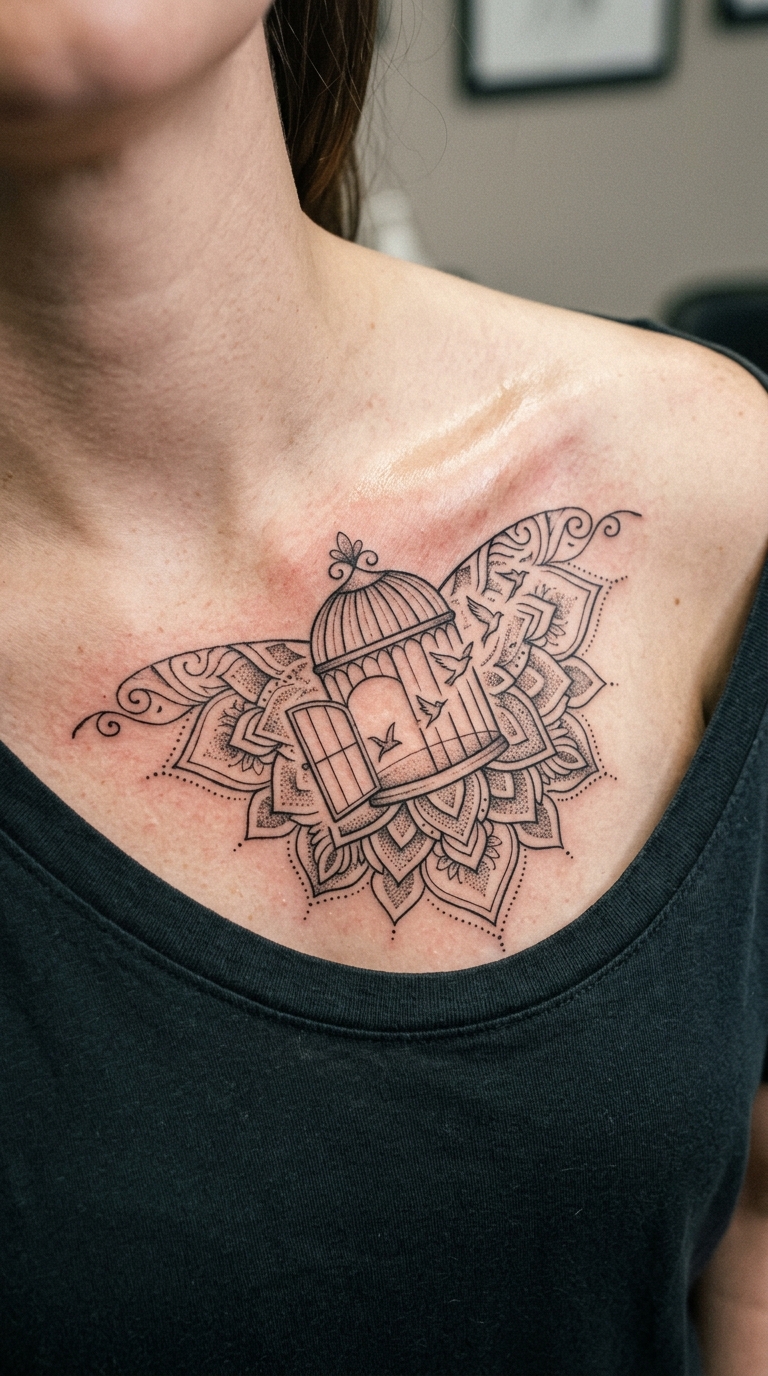 Offener Vogelkäfig als Mandala Tattoo Idee für das Schlüsselbein