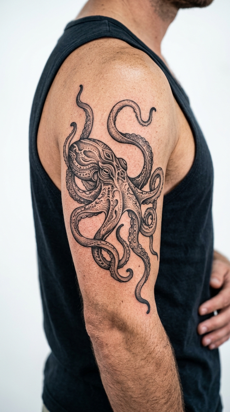 Oktopus als Dotwork Tattoo auf dem Oberarm