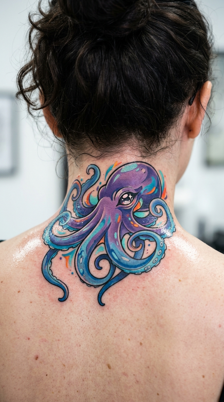 Oktopus mit Tentakeln als Anime Tattoo für den Nacken