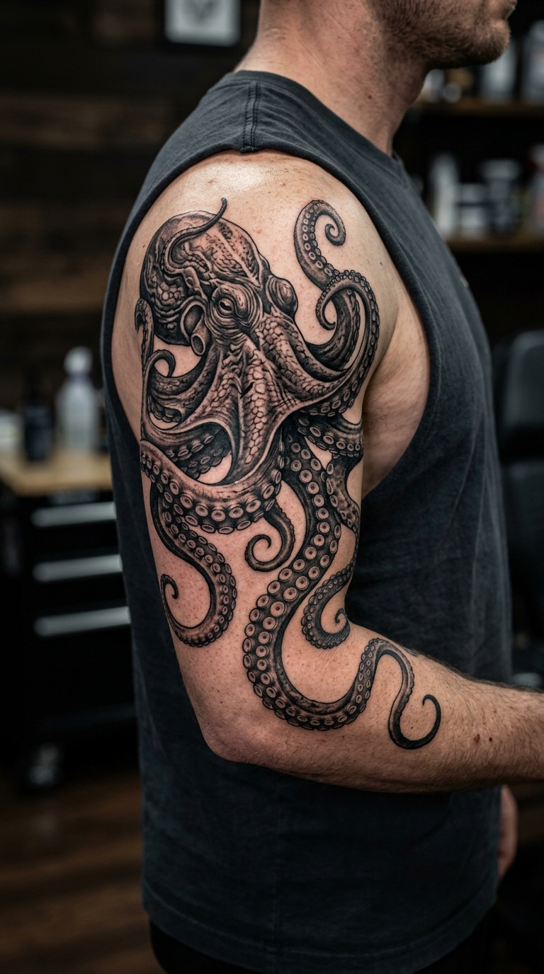 Oktopus mit Tentakeln als Realistic Tattoo für den Oberarm