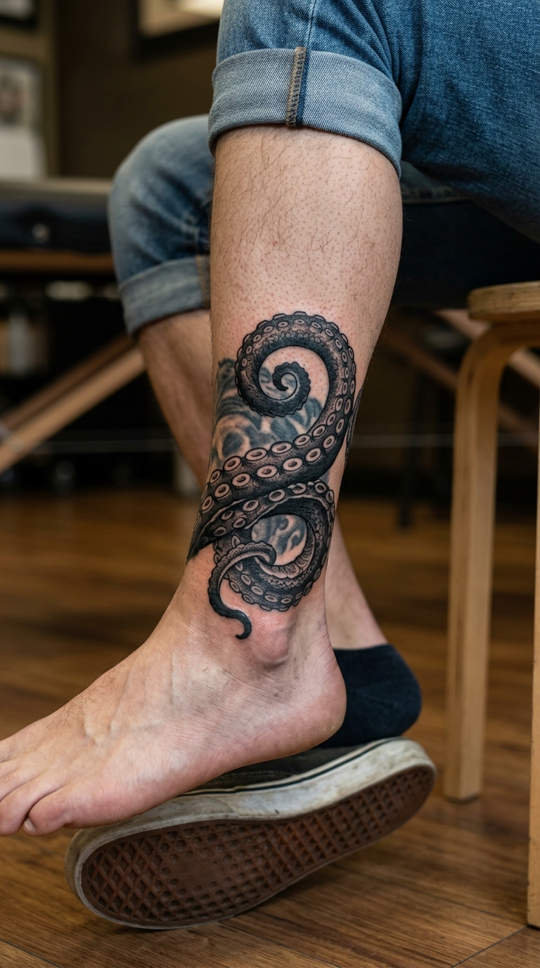 Oktopus Tentakel als Cover up Tattoo für den Knöchel