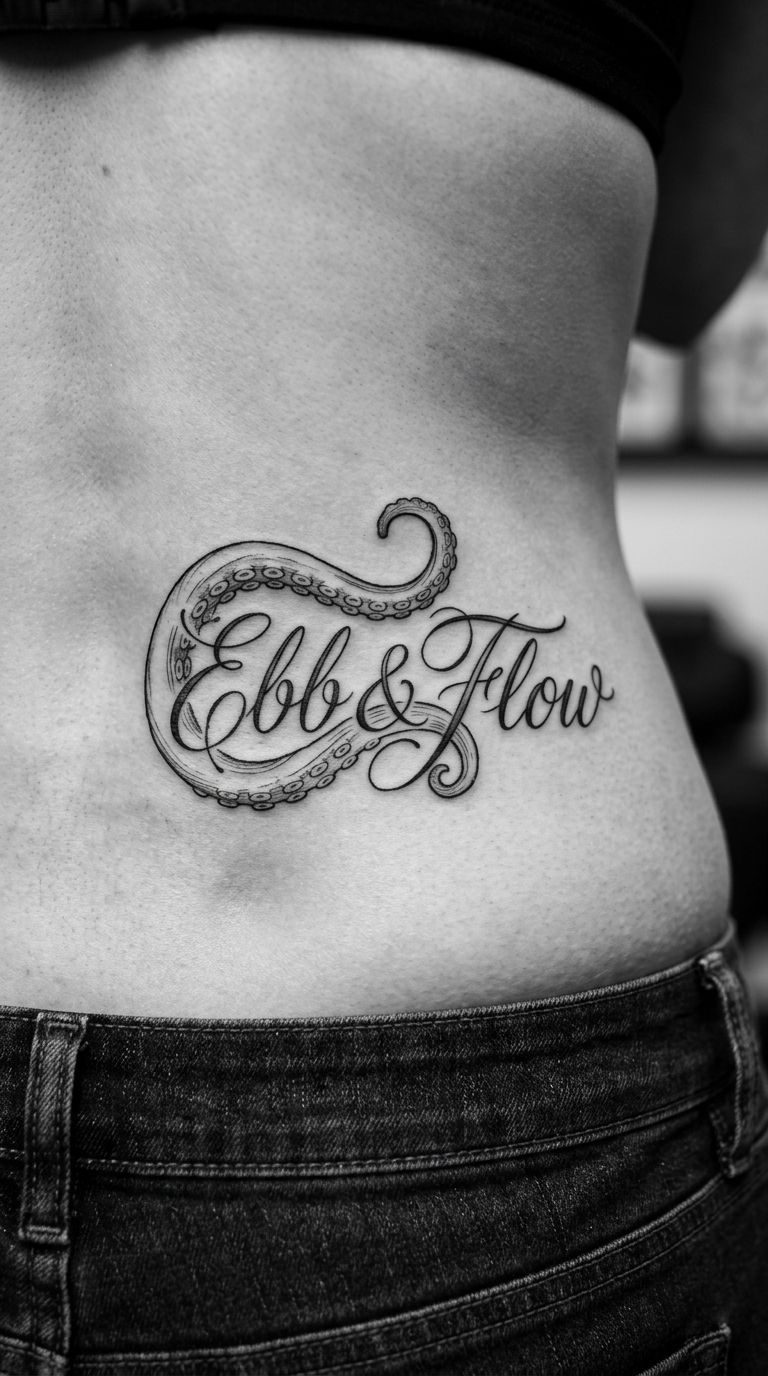 Oktopus Tentakel als fließende Schrift Tattoo Idee für das Steißbein