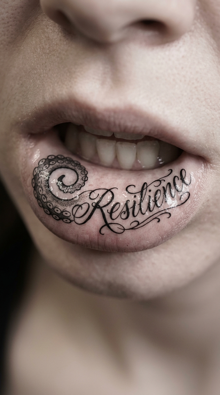 Oktopus Tentakel als geschriebenes Schrift Tattoo für die Unterlippe