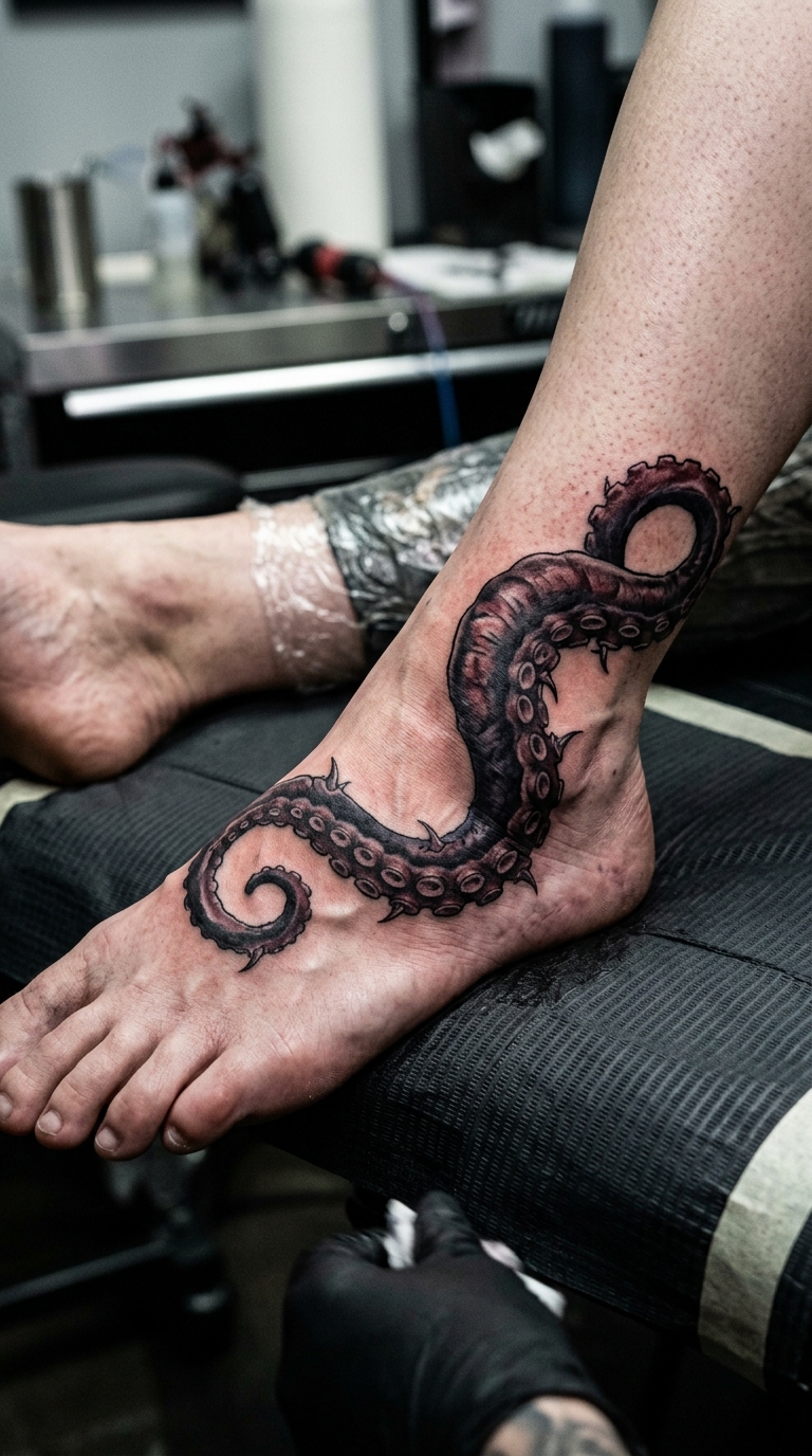 Oktopus Tentakel als schauriges Horror Tattoo für den Fuß