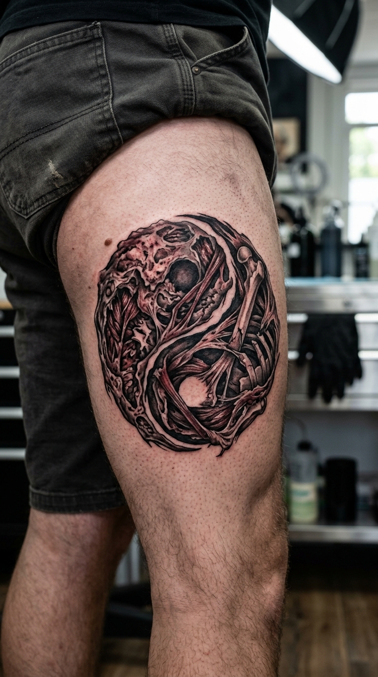 Organisches Yin-Yang als Horror Tattoo für den Oberschenkel