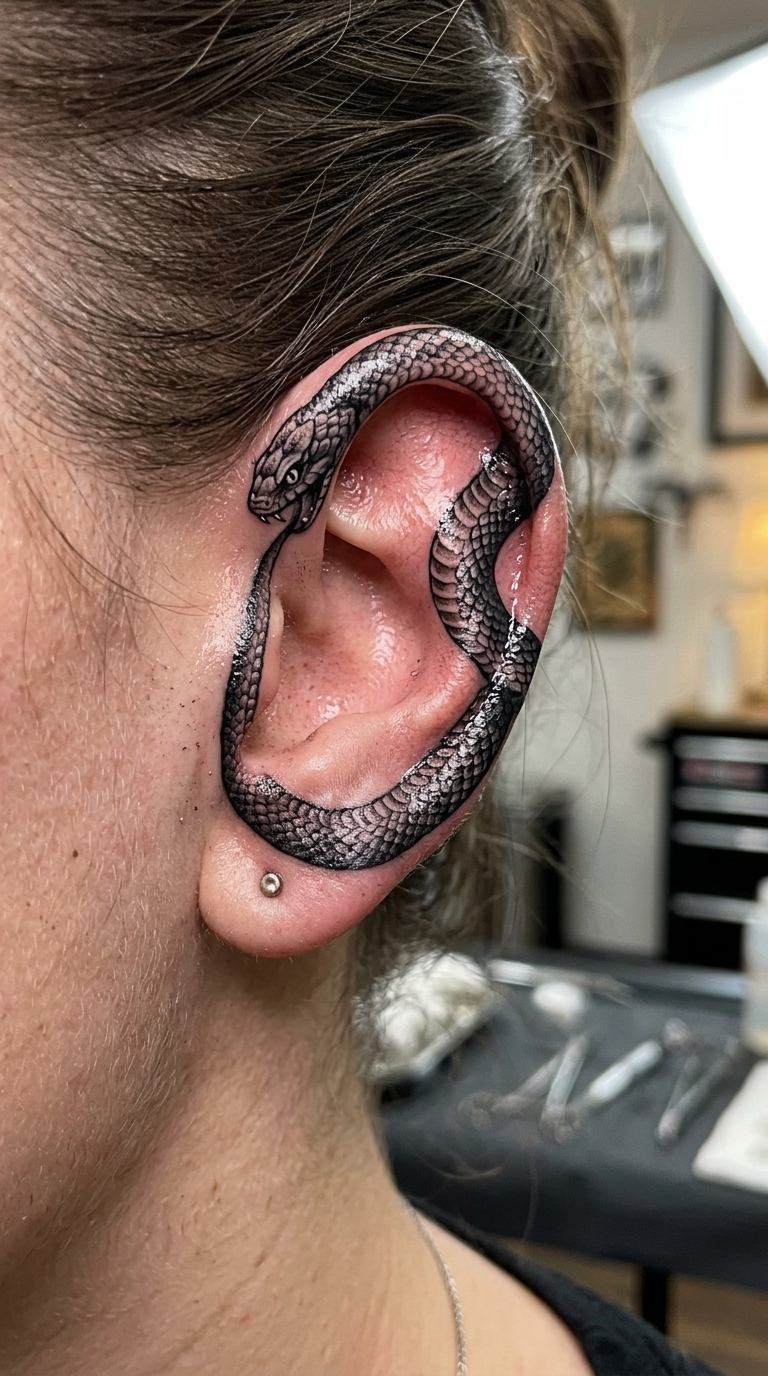Ouroboros als Realistic Tattoo für das Ohr