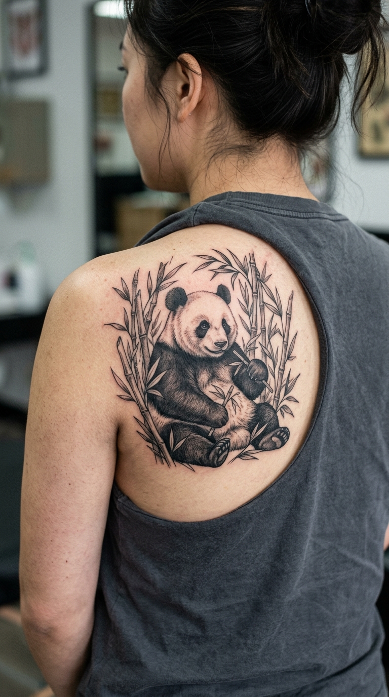 Panda zwischen Bambussprossen als Tier Tattoo für den Rücken