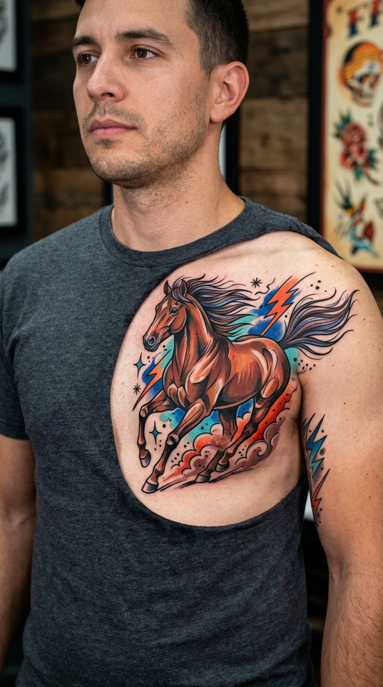 Pferd in Bewegung als Comic Tattoo für Brust und Oberkörper