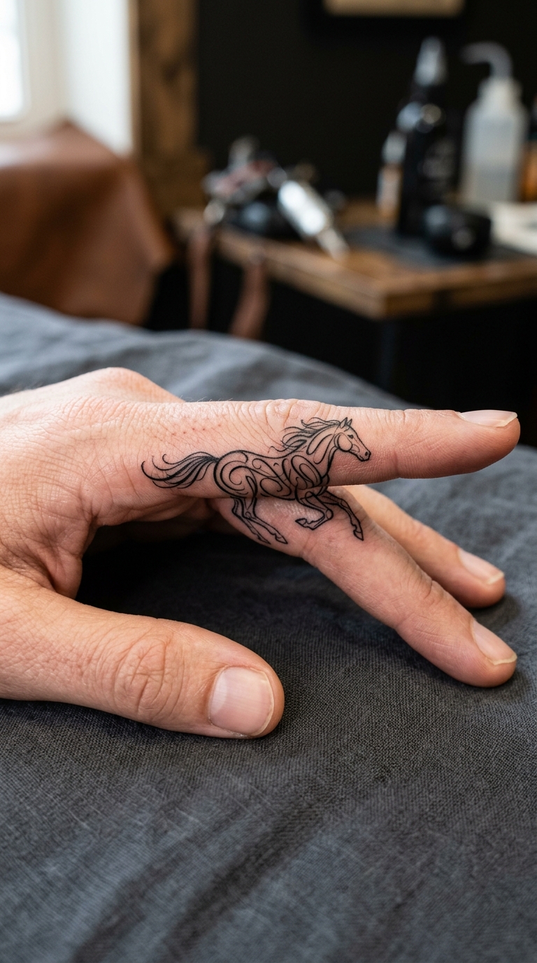 Pferd in Bewegung als geschriebenes Schrift Tattoo für den Finger