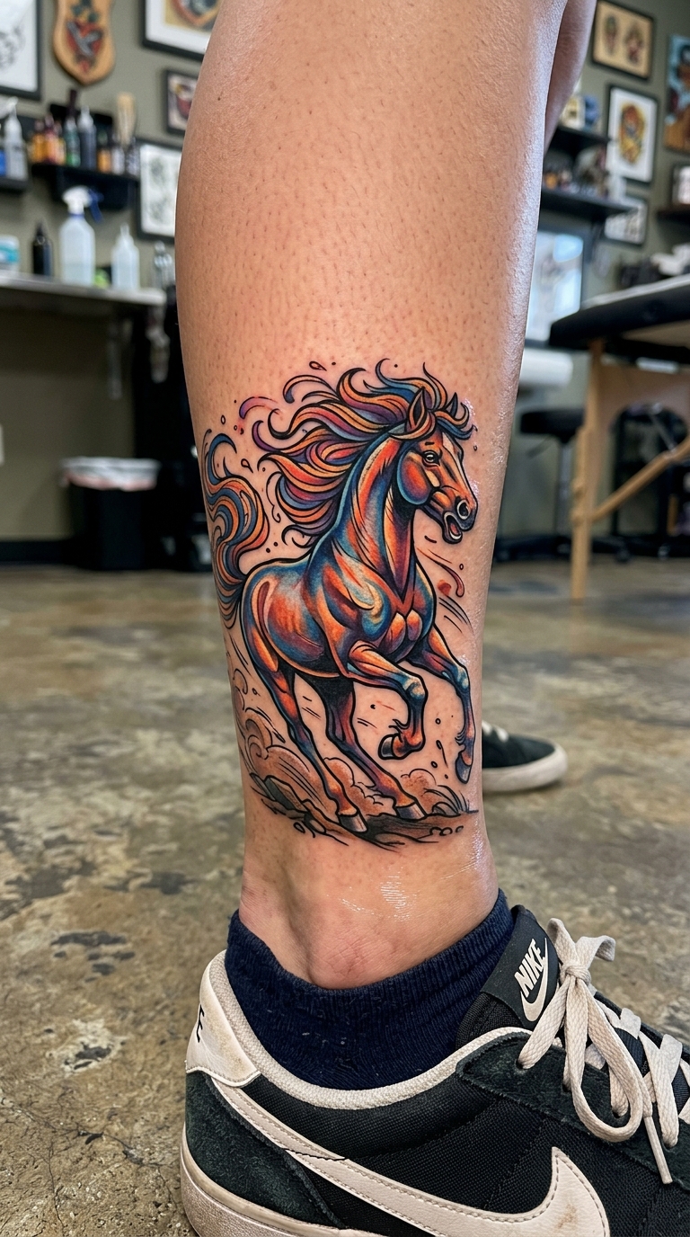 Pferd in Bewegung als Oldschool und Newschool Tattoo am Knöchel
