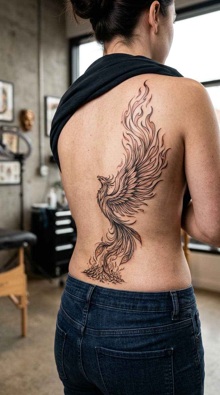 Phönix als filigranes Tier Tattoo für das Steißbein