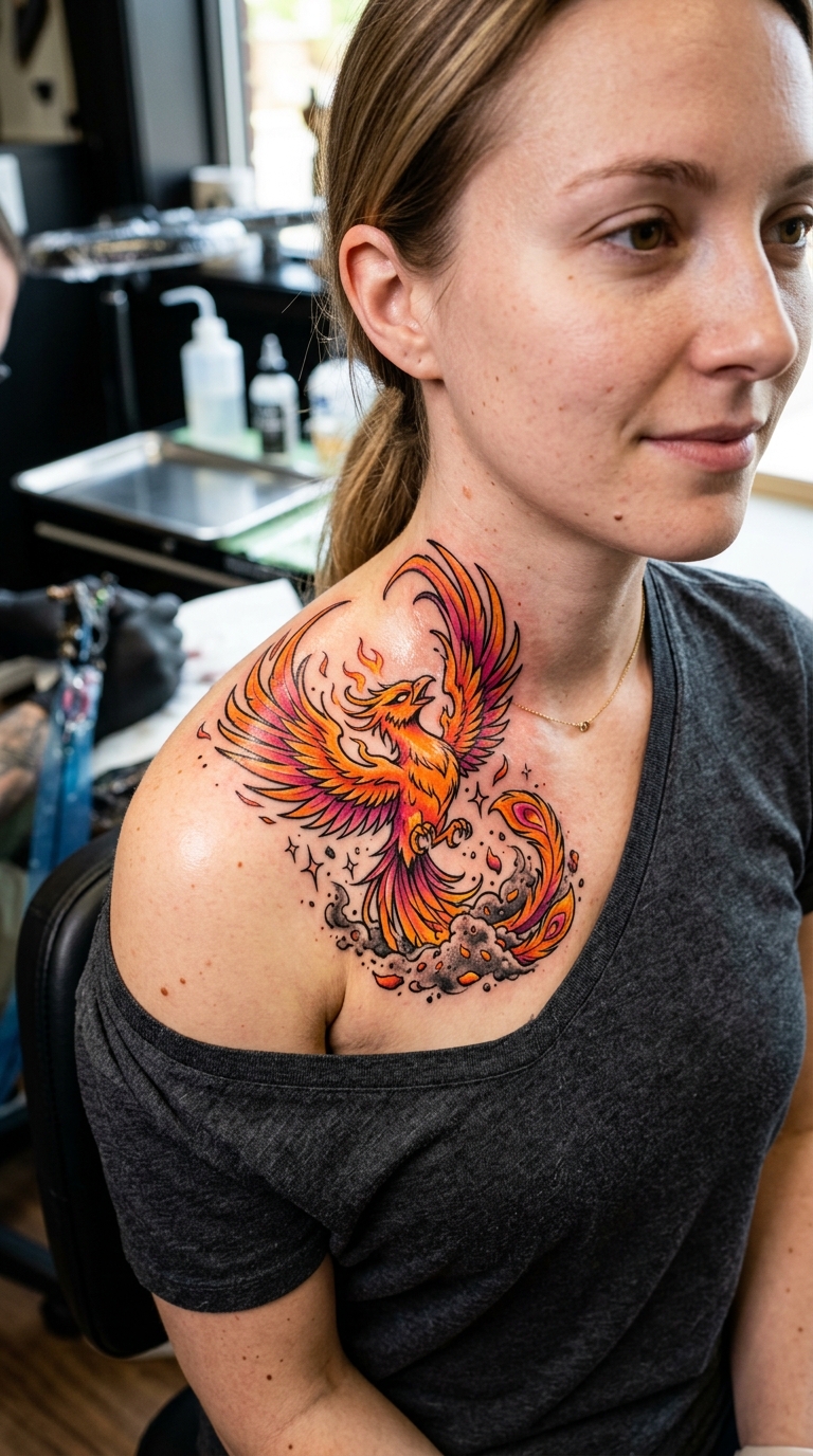 Phönix aus der Asche als Anime Tattoo für das Schlüsselbein