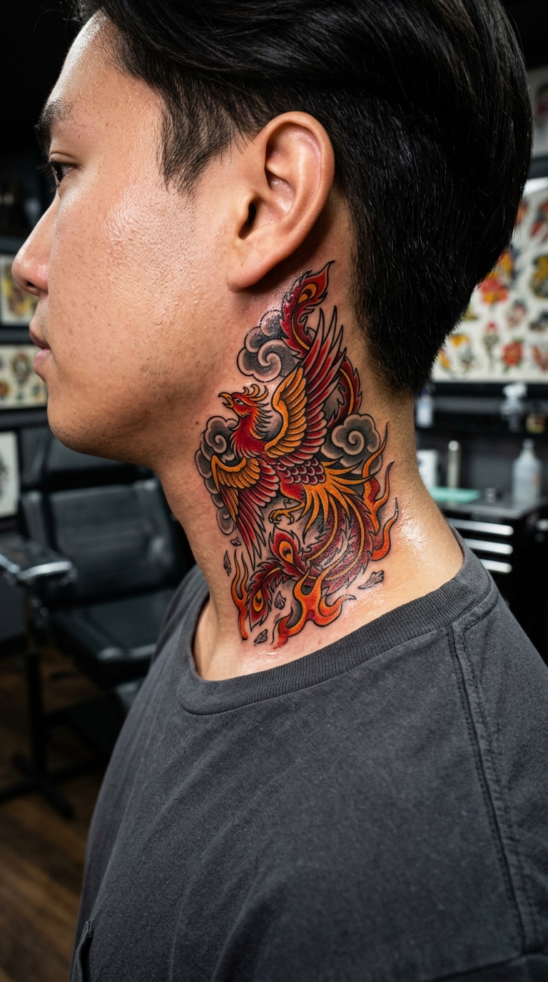 Phönix aus der Asche als japanisches Tattoo für den Hals